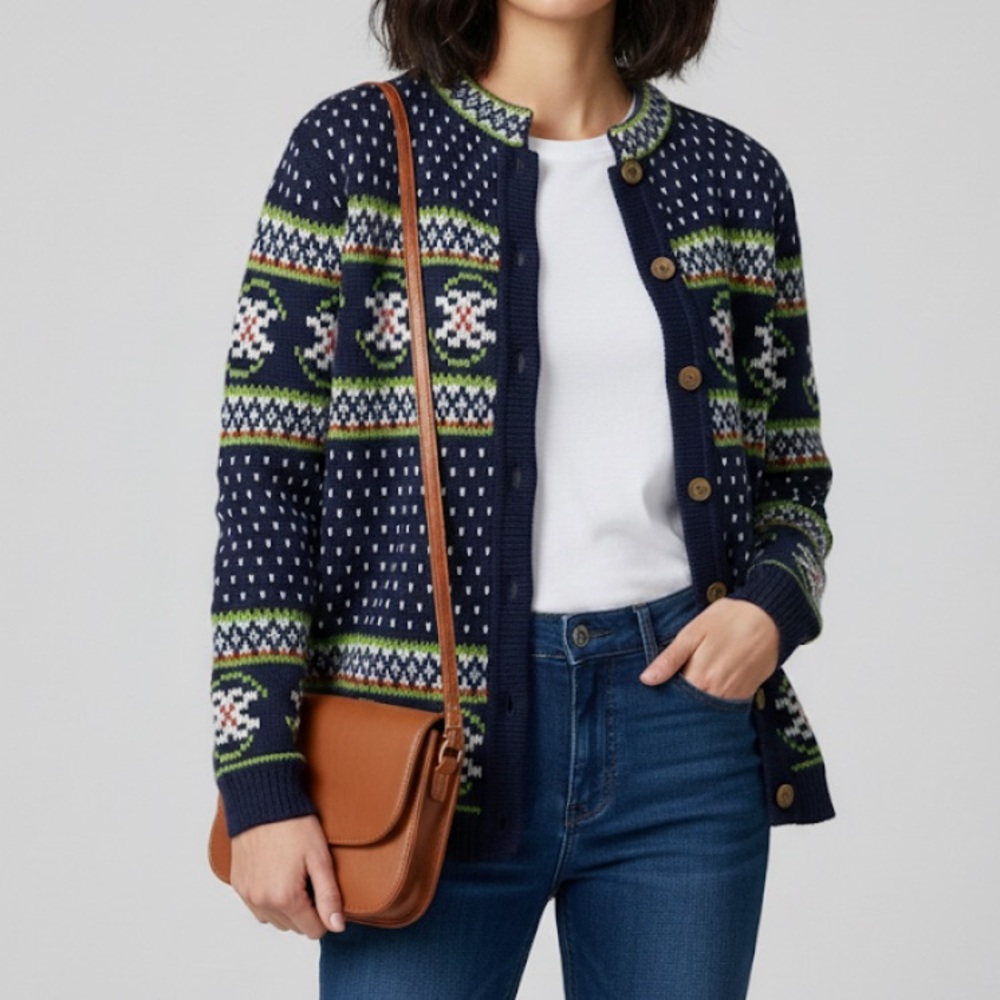 Vintage Tally-Ho Creation Henry
Pollak Navy Snowman Patterned Wool‎ Cardigan S
